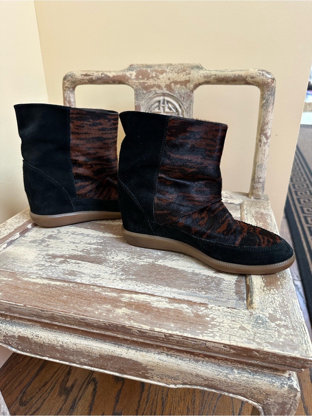 Isabel Marant Norwood Black/Brown Tiger-Stripe Pony Hair Ankle Boots Hidden Heel - Picture 4 of 11
